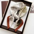 Elegant magnolia floral satin square scarf with orange border and earthy tones - Beige Dark Orange Border Floral Style (34)