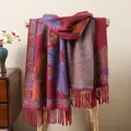 Detail of retro ethnic style scarf with red floral patterns and tassel edges - Burgundy