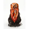 Elegant orange silk square scarf with vintage belt print worn as a stylish headband - Orange Vintage Belt Chain (Style 1)