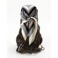 Silky geometric print square scarf worn as a stylish headband on long wavy hair - Black and White Fine Gingham Patchwork (Style 2)