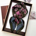 Detail of olive paisley silk scarf neatly folded in an elegant brown gift box - 70cmx70cm / Olive Green Paisley Pattern (44)