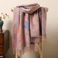 Close-up of ethnic style shawl with floral patterns and soft fringe detail on a chair - Light Purple