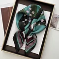 Blue and green paisley floral silk scarf with geometric border in decorative tray - Lake Blue Green Red Lily Of Valley Style (16)