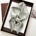 Mint green square silk scarf with white floral patterns in a golden gift box - Mint Green Impressionistic Floral Style (17)