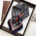 Blue and orange paisley printed square silk-like scarf with ethnic geometric patterns - Navy Blue Orange Paisley Style (20)