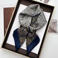 Elegant vintage paisley silk scarf with navy borders and olive green printed pattern - Blue