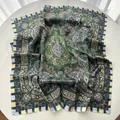 Detail of green paisley silk square scarf with checkered border and vintage patterns - Green