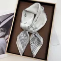 White silk square scarf with black paisley pattern in a brown luxury gift box - Pearl White Black Paisley Style (20)