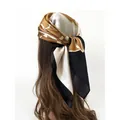 Brown and black geometric patchwork silk headscarf worn as a stylish headband - Simple Brown, Black & White Color Block Style (Style 4)