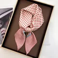 Silk-like square scarf featuring red polka dots and blue stripes in a gift box - Cream White Red Polka Dot Blue Striped Style (22)