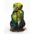 Floral yellow-green silk scarf for women featuring white flowers and butterflies - Yellow-Green with White Flowers & Butterfly Style (Style 6)