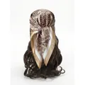 French vintage silk square scarf featuring gold and brown paisley patterns on model - Khaki