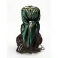 Deep green silk-like square headscarf featuring ornate gold floral patterns and black borders - Dark Green Court Style Floral Pattern (Style 7)