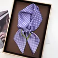 Elegant purple polka dot silk scarf with green stripe trim in a premium gift box - Purple White Polka Dot Green Striped Style (24)