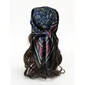 Navy blue paisley silk scarf on model featuring classic green and yellow patterns - Dark Blue Paisley Striped Style (Style 8)