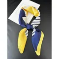 Modern geometric silk scarf with yellow and navy blue color blocking pattern - Yellow Blue White Geometric Striped Patchwork (Style 10)