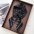 Elegant black silk scarf with white star and paisley pattern in a brown gift box - Black White Floral Star Paisley Style (32)