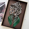 Fashionable square silk scarf featuring brown leopard print and dark green patterns - Leopard Patchwork Dark Green Geometric Border Style (37)