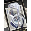Blue and white paisley silk-like square scarf featuring elegant letter print pattern - Navy and White Contrast Art Style (7)