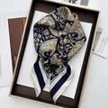 Retro blue and gold paisley silk-feel square scarf with striped border detail - Vintage Blue Gold Striped Paisley Style (28)