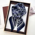 Classic navy blue paisley satin silk square scarf with white floral patterns in a gift box - Navy White Paisley Floral Satin Knotted Style (24)