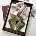 Elegant green and beige floral silk satin square scarf folded in a gift box - Grass Green and Beige Plant Print Style (41)