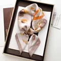 Elegant beige silk square scarf with orange floral pattern in a dark gift box - Beige and Orange Abstract Floral Style (45)