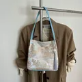New Chinese style tote bag with gold and blue mountain pattern and a long grey tassel - One Size / Blue