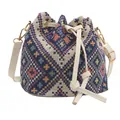 Ethno-Strick-Beuteltasche mit marineblauem geometrischem Muster und weißem Trageriemen - Dunkelblau Geometrisches Muster (Stil 1)