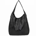 Grande borsa hobo nera in pelle martellata con design patchwork cucito e capiente - Nero