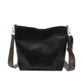 Schwarze Leder-Tragetasche in Eimerform mit buntem geometrischem Vintage-Gurtband - Schwarz
