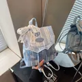Mini mochila de cuadros azul claro con lazo de encaje y adornos de volantes - Azul