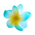 Detail der 8 cm großen Haarklammer mit blau-gelber Farbverlauf-Frangipani-Blume und Glanz - Himmelblau und Softgelb Verlauf (5# 8cm)