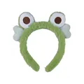 Detail of plush green frog headband featuring soft faux fur and large cartoon eyes - Plush Headband / Green Frog Big Eyes Style