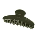 Detail of olive green acetate hair claw clip with Barrette La France gold lettering - Dark Green