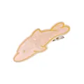 Detailed view of pink dolphin hair clip with pearlescent texture and yellow accents - Gold Outlined Dolphin Style