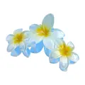 Macro detail of Frangipani hair claw clip with gradient blue resin flower and yellow center - Connected Plumeria Claw Clip / 11cm / Blue-Yellow