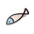 Detailed view of a cartoon fish hair clip in blue white and pink with a metal alligator base - Colorful Fish Style B