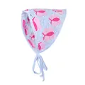 Detail van een lichtblauwe gehaakte bandana met roze bloemen en handige strikbandjes - Blauw Roze Patchwork Bandana