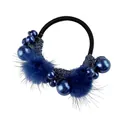 Elastic dark blue hair tie with plush pom poms, pearl beads and sparkling knit details - Dark Blue