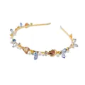 Detail of a gold headband featuring white pearls, blue crystals, and sea shell accents - Style 3 Rhinestone Shell Pearl Headband