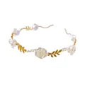 French vintage style gold headband with white resin roses and pearls on white background - Style 5 White Rose Pearl Headband