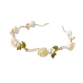 Detail view of French retro headband with rose flowers, green leaves and pearls - Style 6 White Rose Pearl Headband