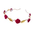 Detail of red rose floral headband with white pearls and golden metallic leaf ornaments - Style 7 Red Rose Pearl Headband