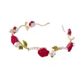 French vintage headband with red velvet roses, pearls and green enamel leaves on gold band - Style 8 Red Rose Pearl Headband