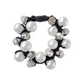 Elastic hair tie with elegant white faux pearls and clear faceted beads on a black band - White