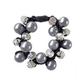 Elastic hair tie with grey metallic pearls and faceted clear glass beads on white base - Gray