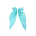 Close-up of light blue large satin bow hair clip with elegant long flowing ribbons - Sky Blue