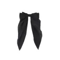 Detail of elegant black satin bow hair clip with long ribbons and smooth texture - Black