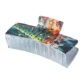 Close-up of Christmas tree and snow scene print on a rectangular hair claw clip - Starry Christmas Tree Style